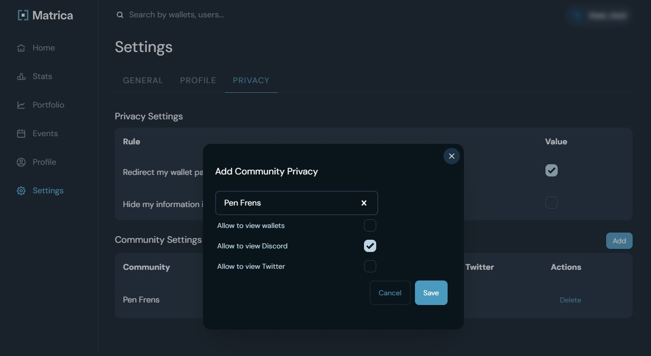 Matrica Privacy Settings